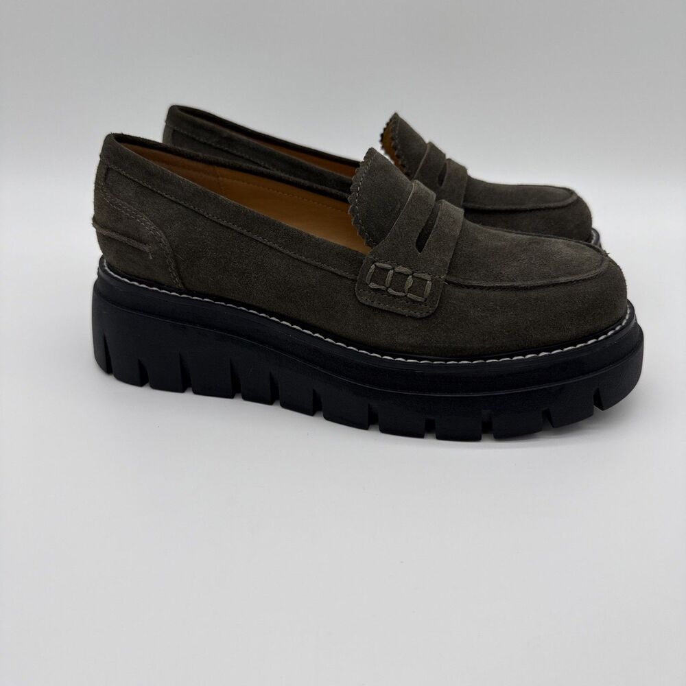 J/SLIDES Suede Tyler Platform Penny Loafer Chunky Lug Sole Slip On Shoes 6 Green